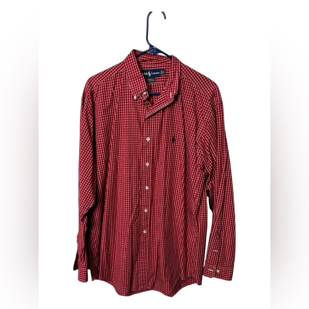Ralph Lauren Yarmouth Button Down  Shirt Long Sleeve Size 16 34/35 Plaid Red